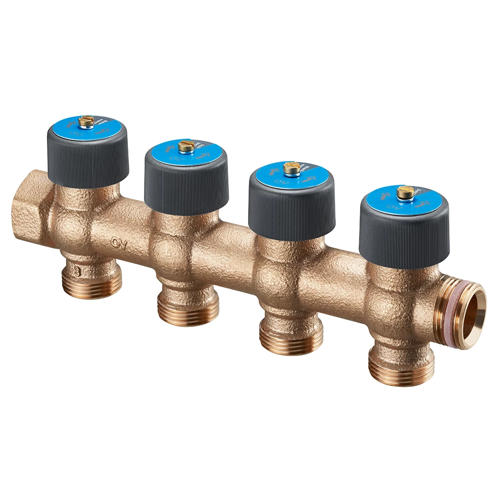 Коллектор Oventrop Multidis R 3/4″x3/4″x4 Ду20 Py10 из бронзы, с функцией отключения и вентилями Коллектор Oventrop Multidis R 3/4″x3/4″x4 Ду20 Py10 из бронзы, с функцией отключения и вентилями