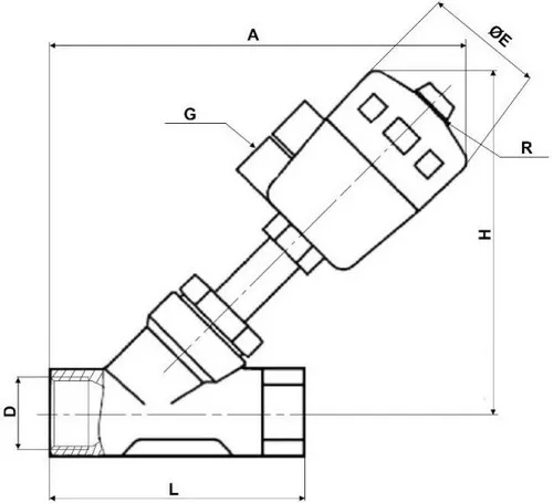 Клапан отсечной пневматический 3/4″ Ду20 Ру25, корпус - нержавеющая сталь SS316, резьбовой, Y-образный, корпус привода - пластик (VSP3241P-T-1PNC)