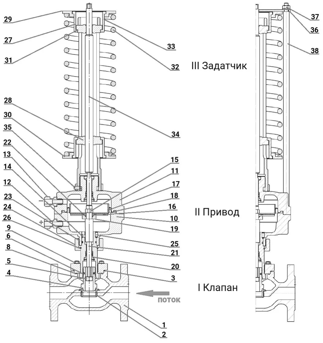Регулятор давления до себя PRB1030N-F-DA Ду100 Ру16 Kvs100 прямого действия, серый чугун СЧ20, фланцевый, Tmax до 150°С, диапазон настройки 4 (6 - 12 кгс/см2)