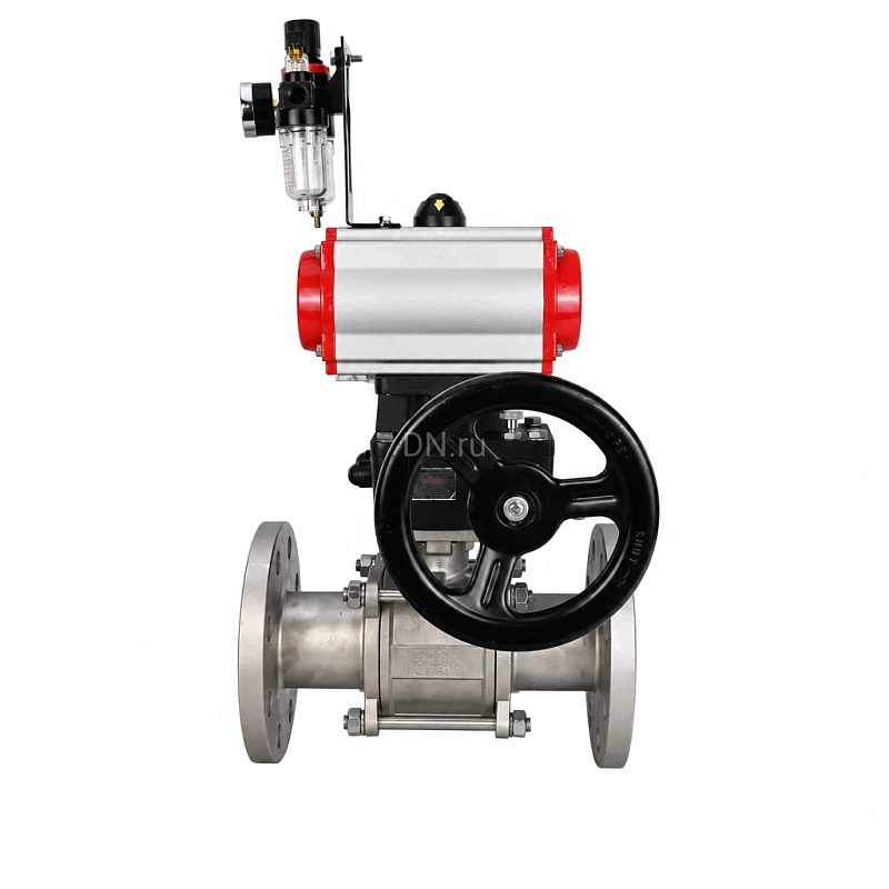 Кран шаровой Ду100 Ру25 фланцевый, корпус - нержавеющая сталь 316, полнопроходной, уплотнение - PTFE, с пневмоприводом PA-DA-105, пневмораспределителем 4M310-08 DC24V, ручным Дублером MON3-700-T38-ISO, БПВ AFC2000 (BV3232P(3pc)-FP-F-ISO-H)